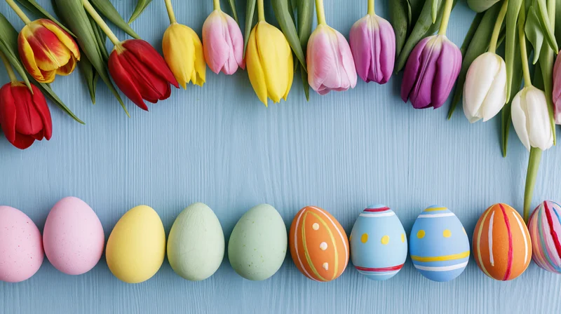 Colorful painted easter eggs and fresh tulips arranged in a row on a blue wooden surface