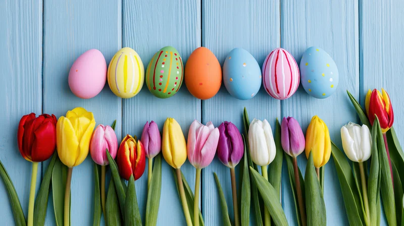Colorful painted easter eggs and fresh tulips arranged in a row on a blue wooden surface
