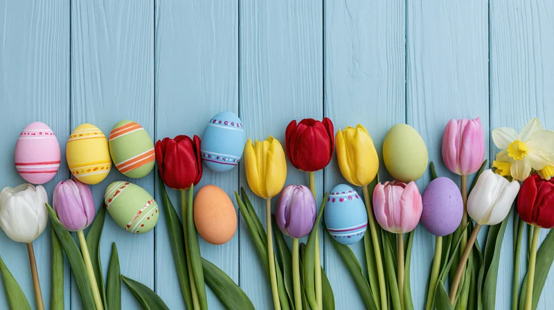 Colorful painted easter eggs and fresh tulips arranged in a row on a blue wooden background