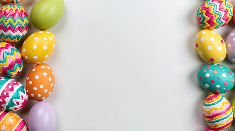 Colorful painted easter eggs arranged in vertical borders on white background with copyspace