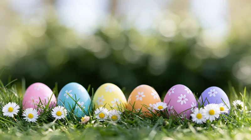 Colorful painted easter eggs arranged in a row on green grass with white daisies scattered around