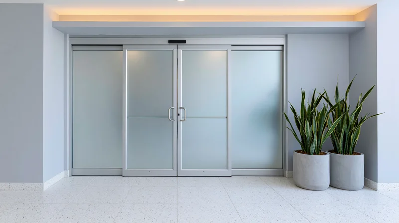 Automatic sliding frosted glass doors in a modern commercial building lobby with potted snake plants and recessed ceiling lighting