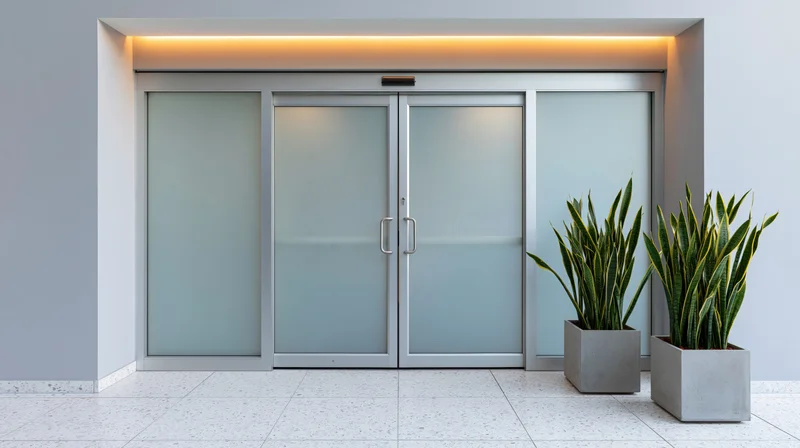 Frosted glass automatic sliding doors at a modern commercial building entrance with potted snake plants and recessed lighting