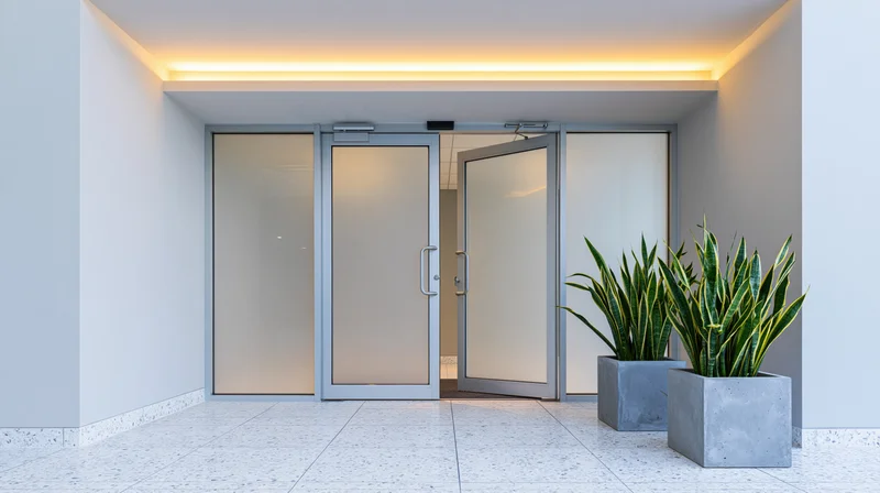 Frosted glass automatic sliding doors in a modern commercial building lobby with concrete planters and warm ceiling lighting