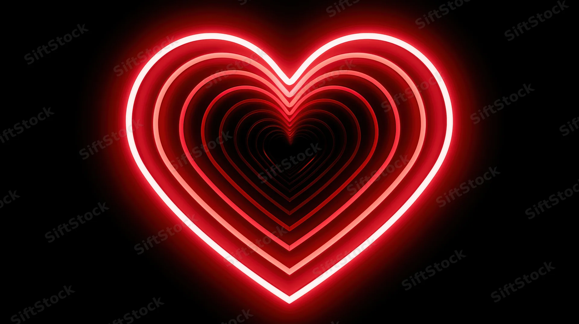 Glowing red neon heart outlines receding into a dark tunnel