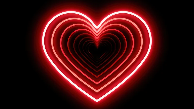 Glowing red neon heart outlines receding into a dark tunnel