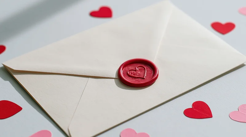 Cream envelope sealed with red heart wax seal on white surface surrounded by red and pink paper hearts
