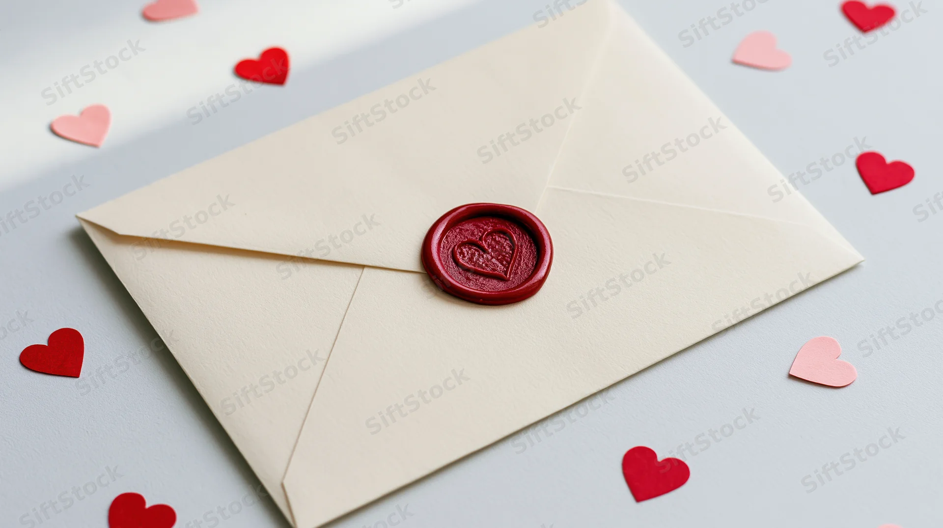Cream envelope sealed with red heart wax seal surrounded by scattered paper hearts on light surface
