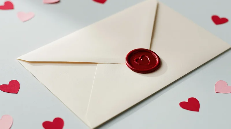 Cream envelope sealed with red wax heart stamp surrounded by scattered paper hearts on light surface
