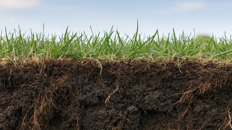 Cross-section of a grass lawn showing soil layers and roots beneath the surface