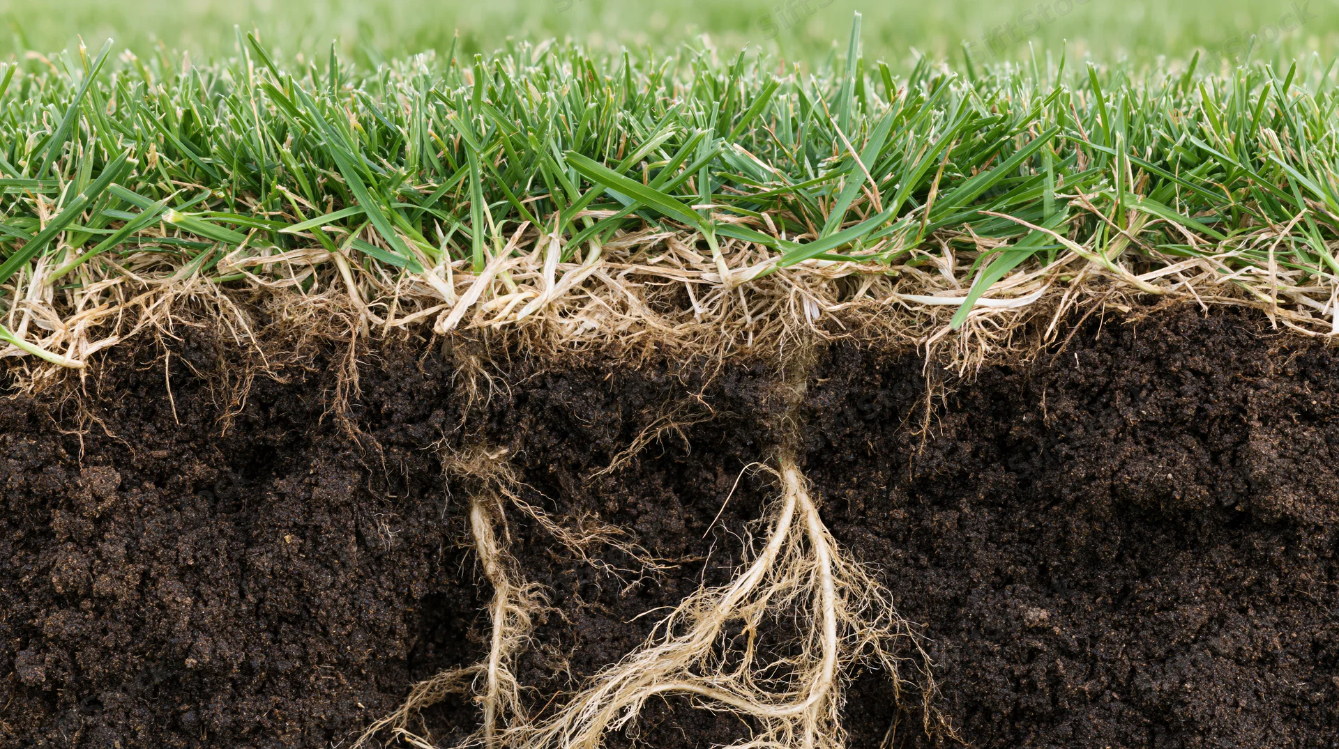 Cross-section of healthy lawn grass showing dense green blades and fibrous roots in dark soil