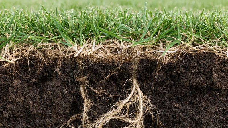 Cross-section of healthy lawn grass showing dense green blades and fibrous roots in dark soil