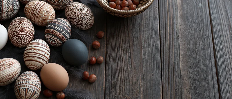 Decorated easter eggs with folk patterns arranged on dark wooden table with copyspace