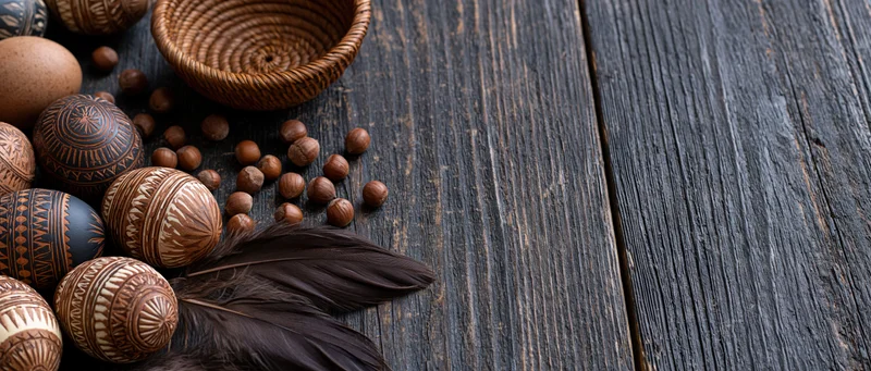 Decorated easter eggs with folk patterns and feathers arranged on a dark wooden table