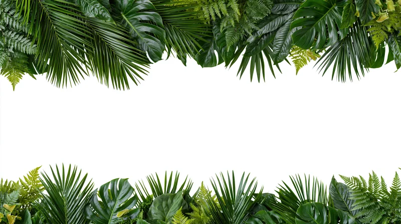 Tropical foliage arranged in horizontal borders at top and bottom of white frame