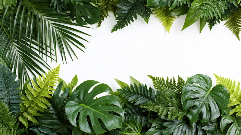 Tropical foliage arranged in a border frame with white copyspace in center