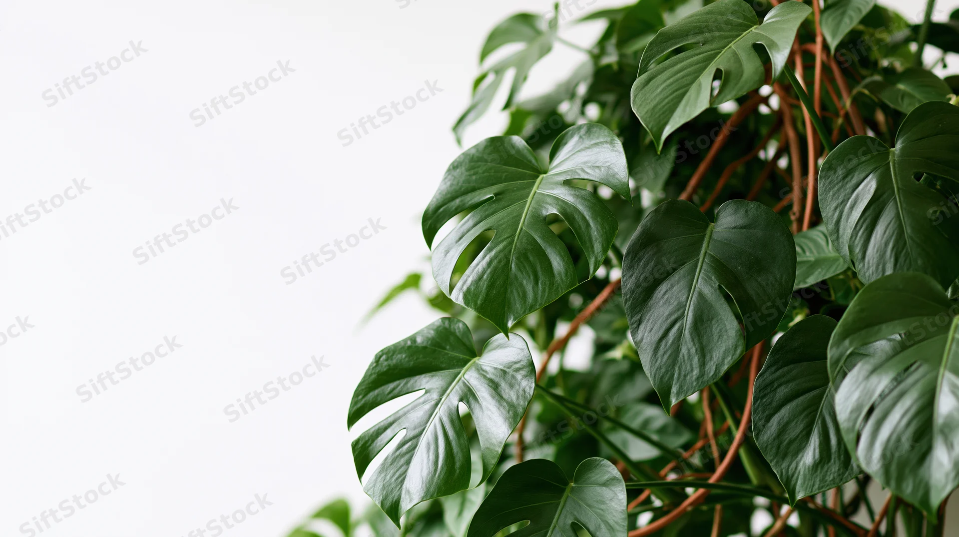 Monstera plant with large green leaves growing in a dense cluster against a white background