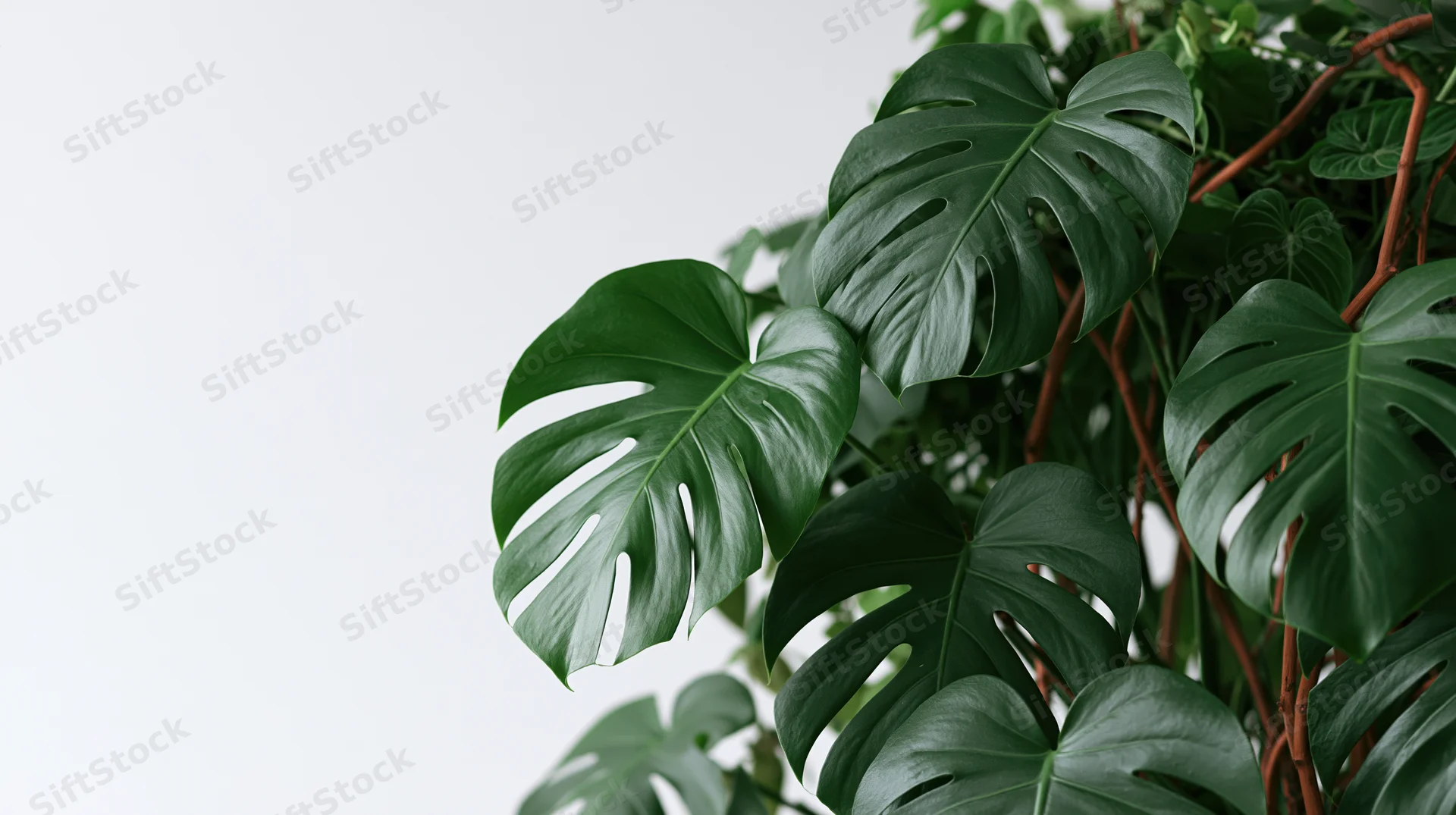 Monstera plant with large green leaves trailing against a white background