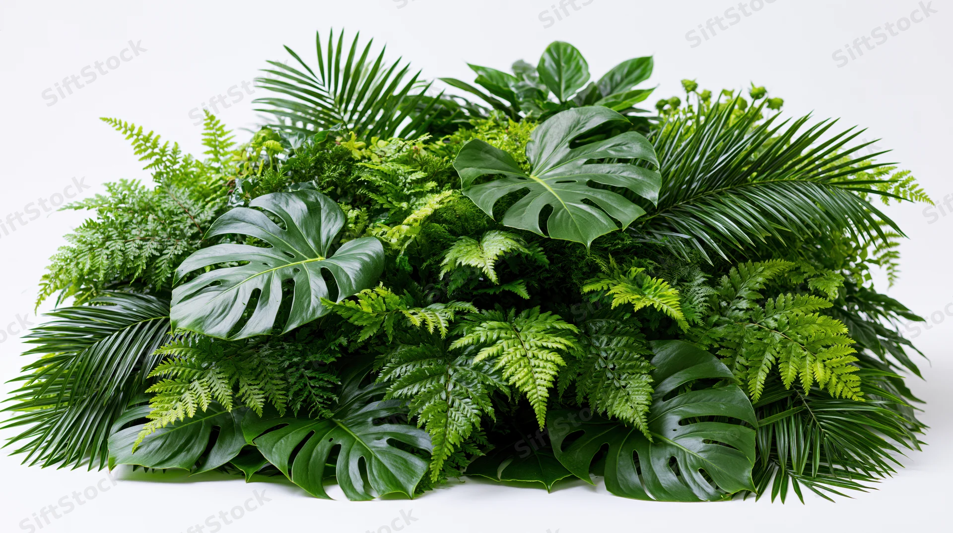Dense mound of tropical foliage arranged with monstera, ferns and palm leaves on white background
