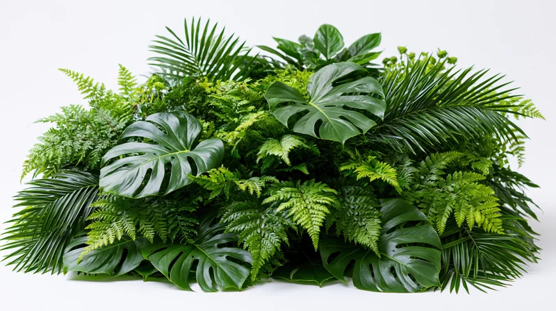 Dense mound of tropical foliage arranged with monstera, ferns and palm leaves on white background
