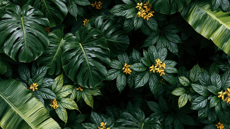 Dense tropical foliage with monstera leaves and yellow flowers filling the frame