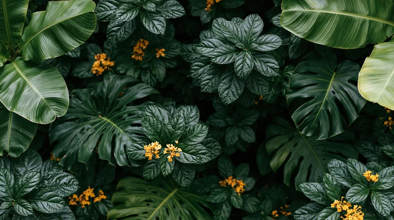 Dense tropical foliage with monstera leaves and small yellow flowers filling the frame
