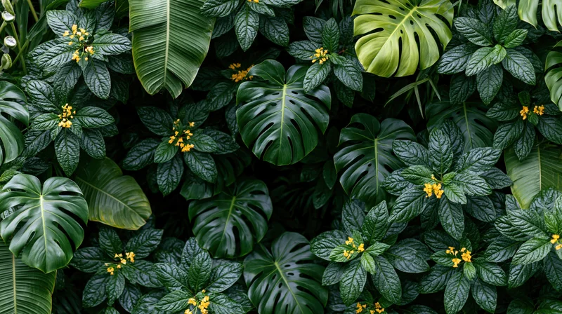 Dense layered tropical foliage filling the frame with monstera leaves and small yellow flowers