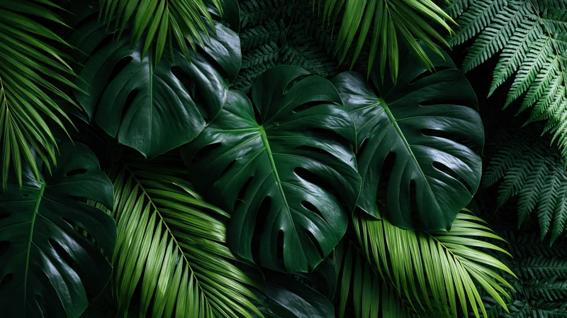 Dense tropical foliage arranged in flat lay composition for wall decoration