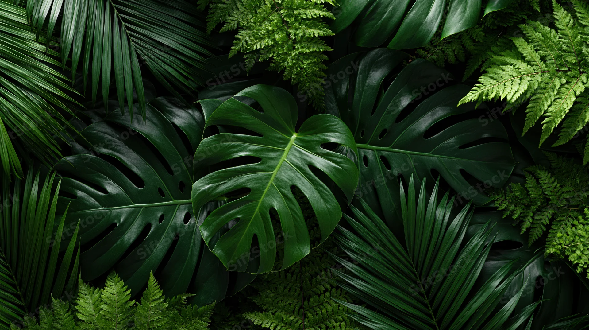 Dense tropical foliage arranged in a flat lay wall composition