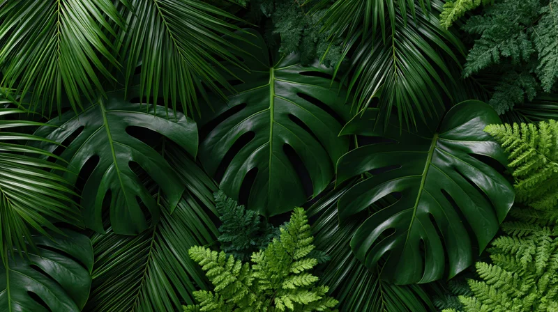 Dense tropical foliage arranged in flat lay composition for wall decor