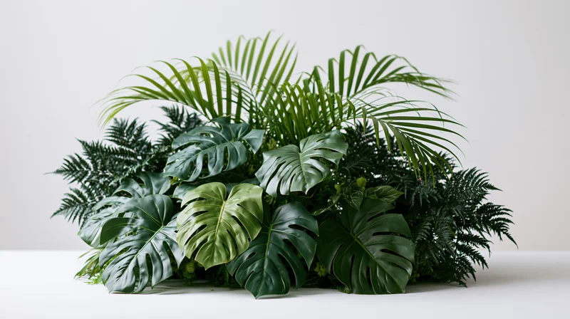 Dense tropical foliage arrangement with monstera, ferns and palm leaves on white surface