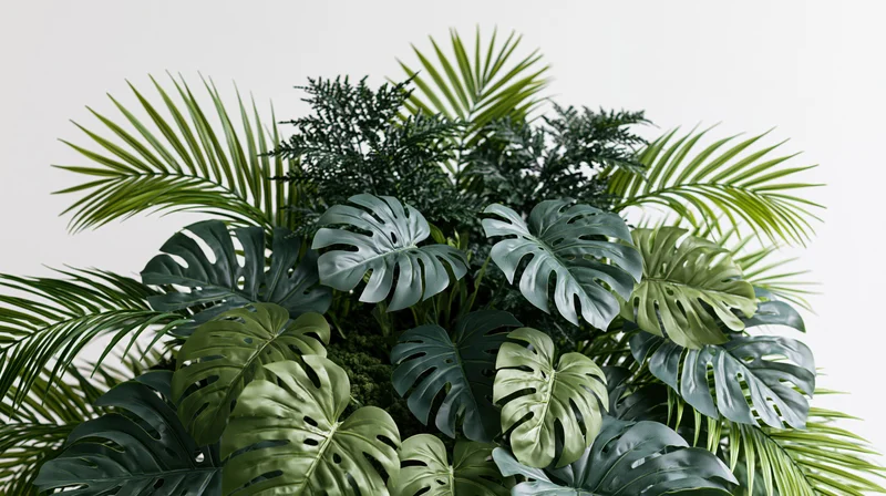 Dense tropical foliage arrangement with monstera and palm leaves against plain white background
