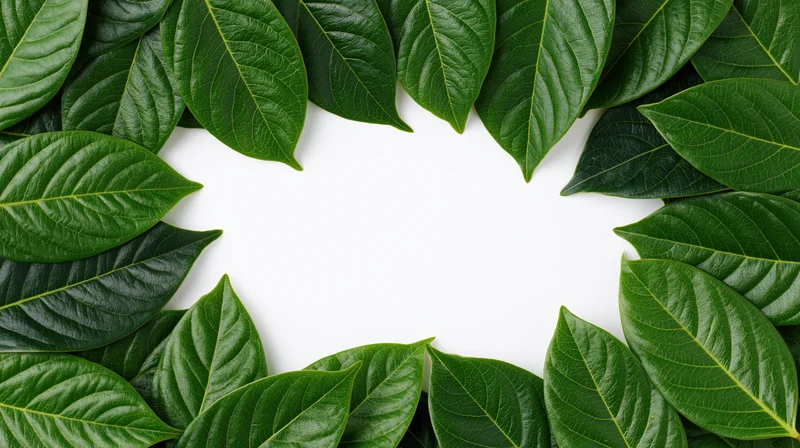 Green tropical leaves arranged in a circular border on white background with central copyspace