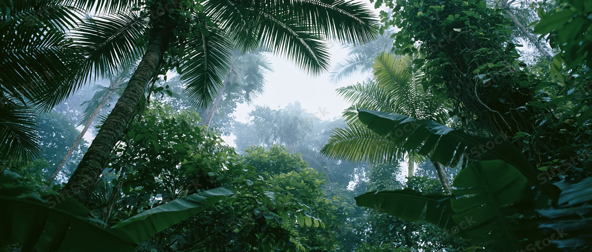 Upward view through dense tropical rainforest canopy with palm and banana trees framing misty sky