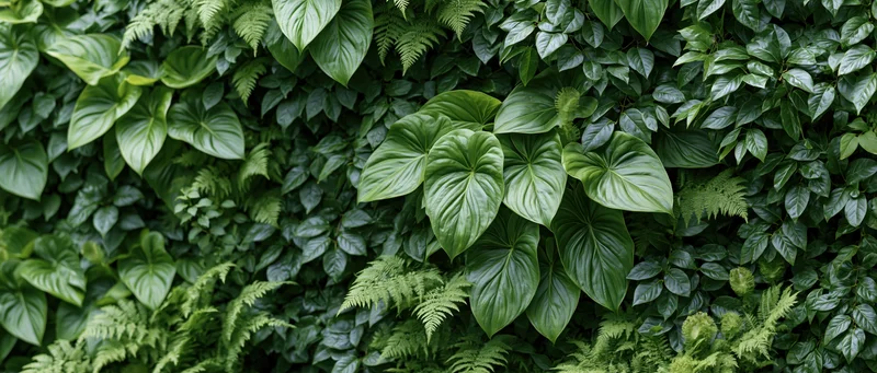 Dense vertical garden wall covered in mixed tropical foliage