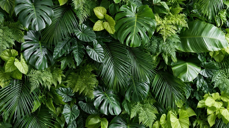 Dense wall of mixed tropical foliage filling the frame