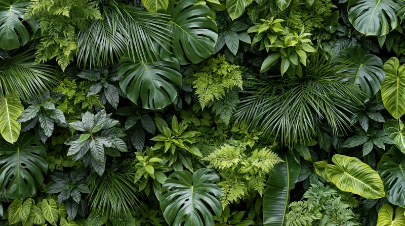 Dense tropical foliage covering a vertical wall as a living green garden