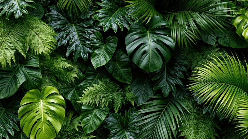 Dense wall of mixed tropical foliage filling the frame
