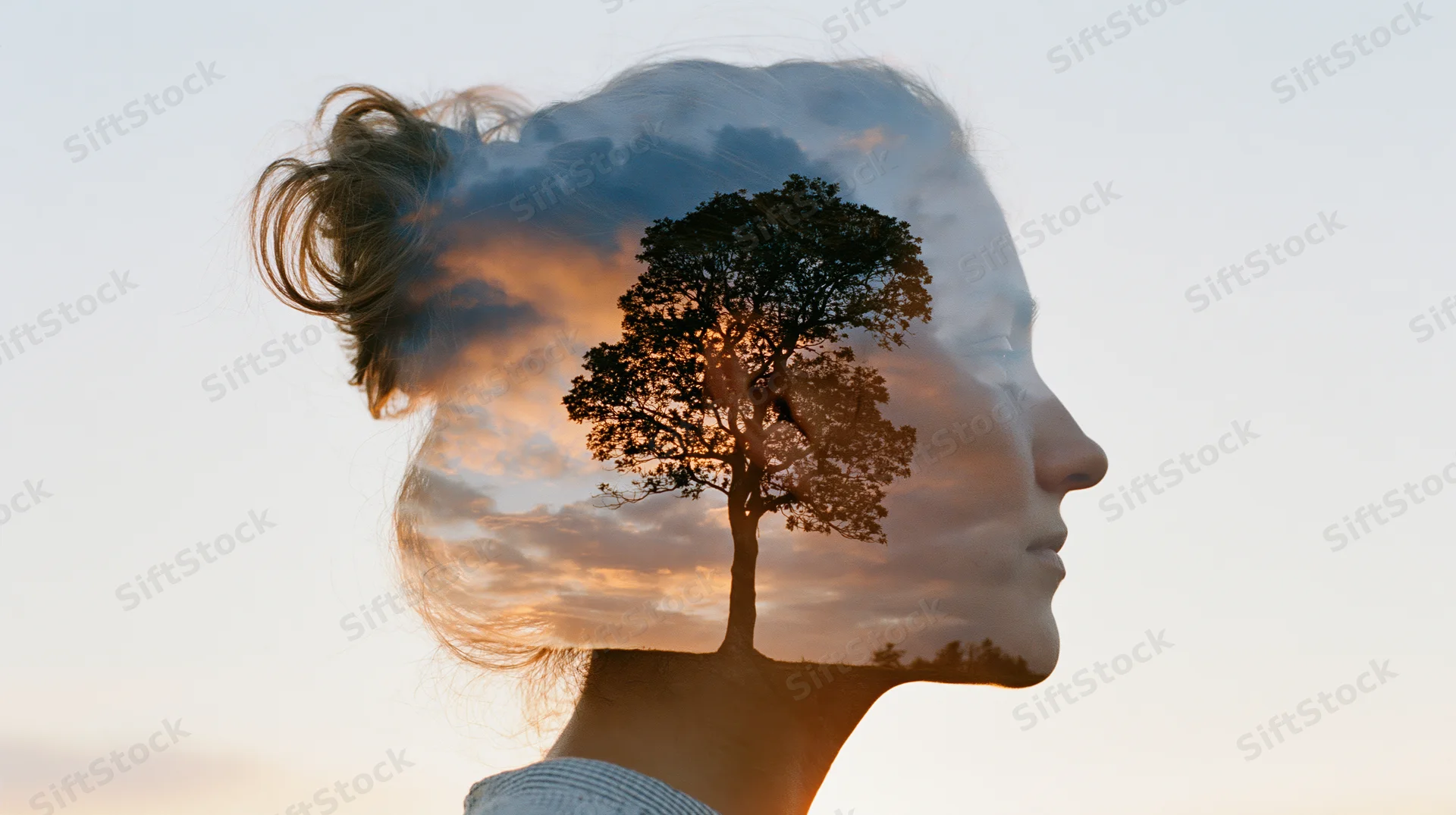 Woman in profile with tree and sunset superimposed inside her head