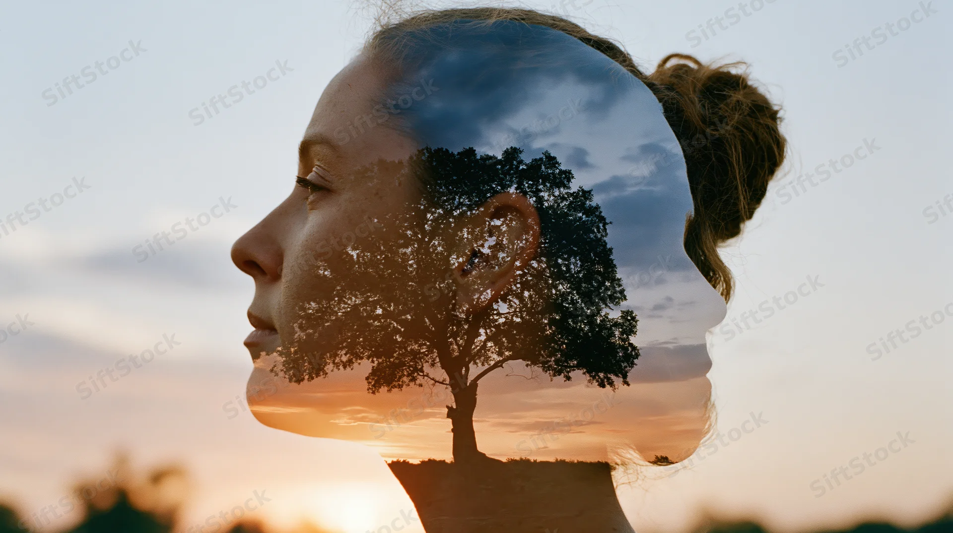Woman in profile with tree and sunset superimposed inside her head