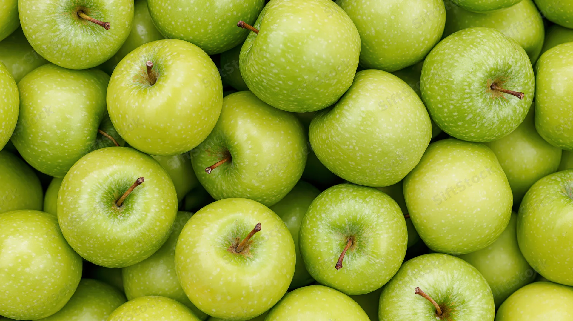 Closeup of green apples piled tightly together filling the frame
