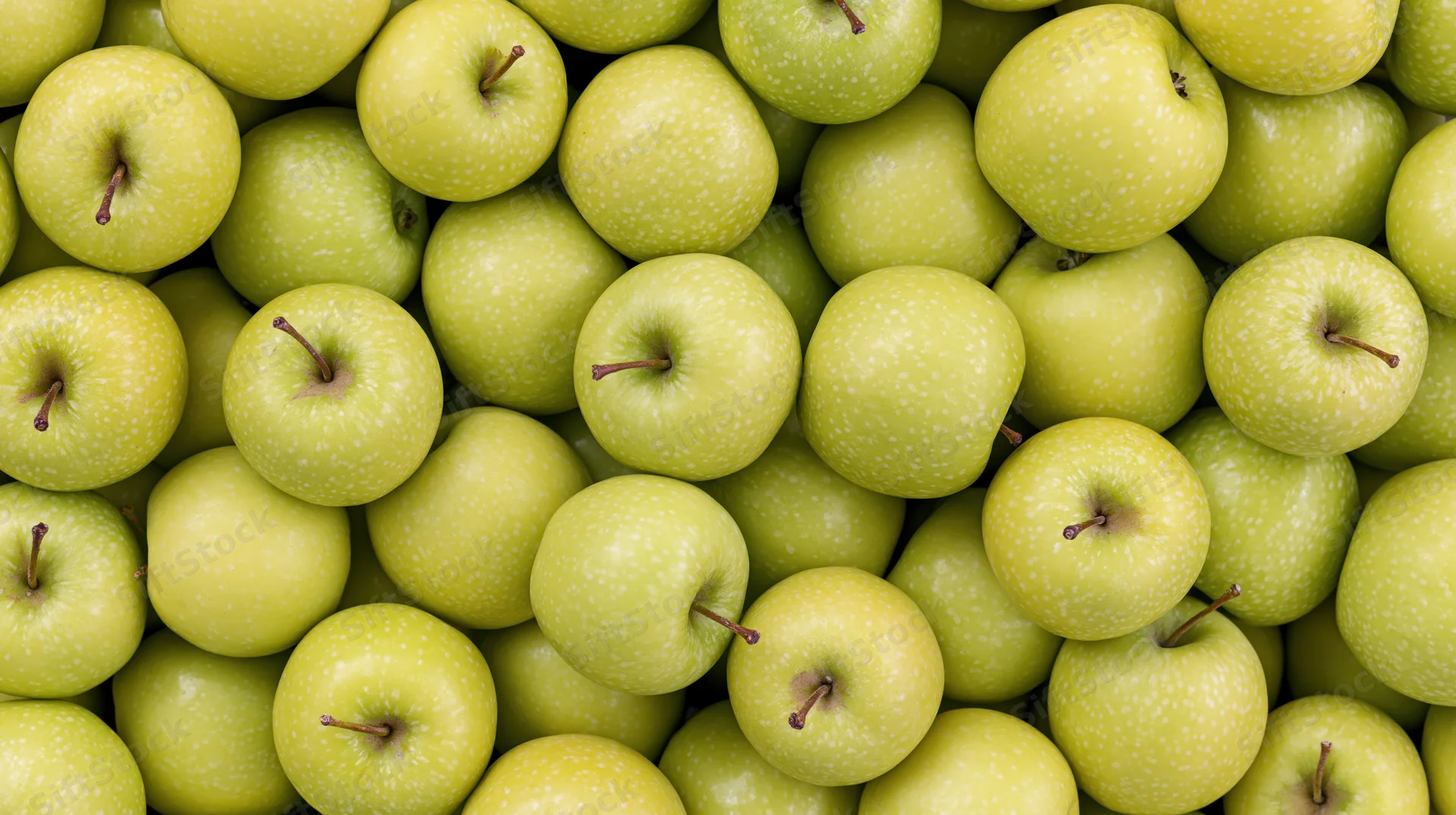 Closeup of green apples packed tightly together filling the frame