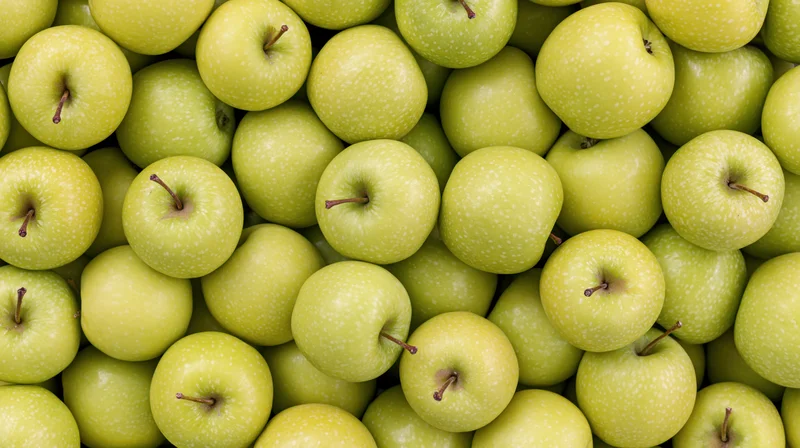 Closeup of green apples packed tightly together filling the frame