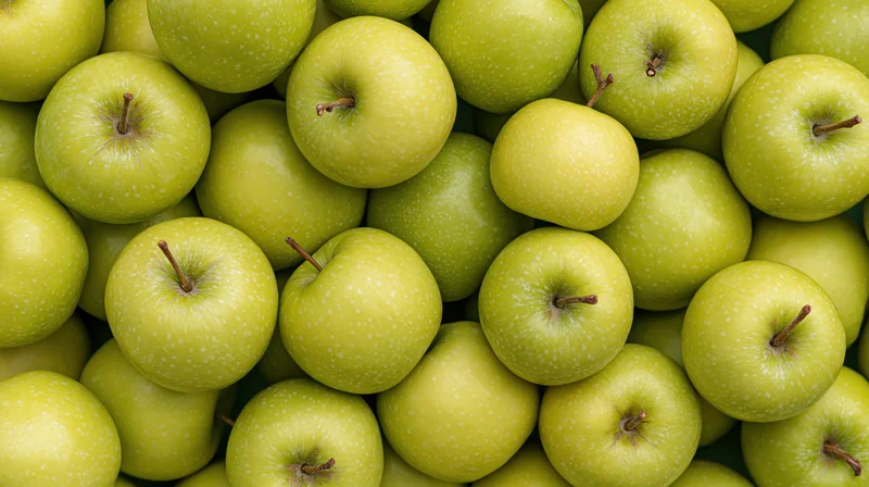 Closeup of dozens of green granny smith apples packed tightly together filling the frame