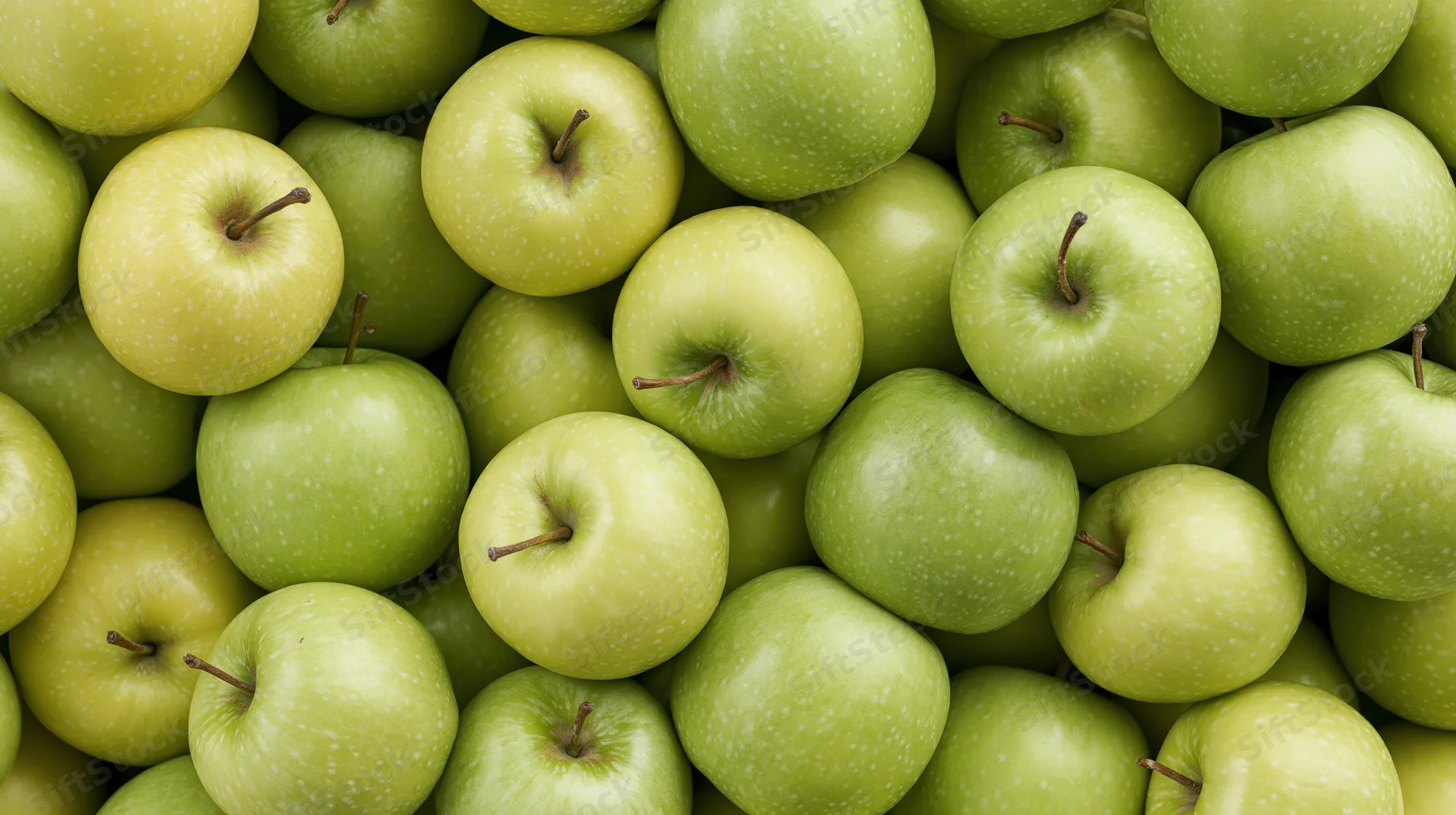 Close-up of green apples packed tightly together filling the frame