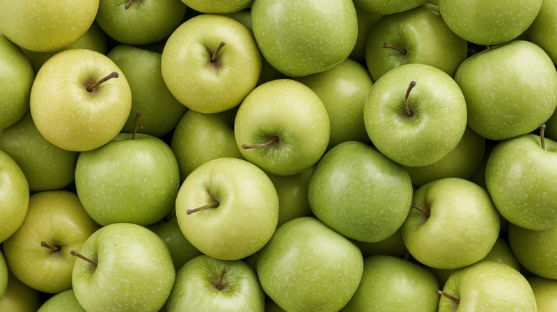 Close-up of green apples packed tightly together filling the frame