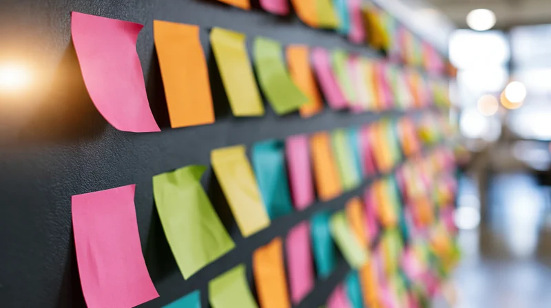 Colorful sticky notes arranged in rows on a dark office wall for project planning