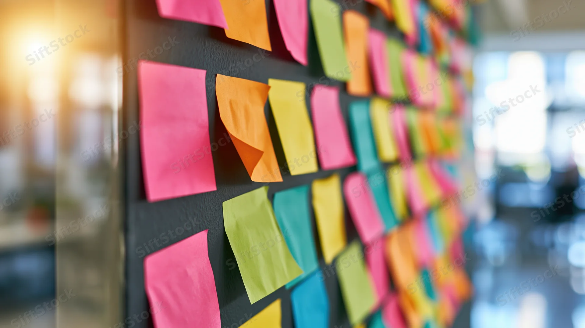Colorful sticky notes covering a dark office wall for brainstorming and planning