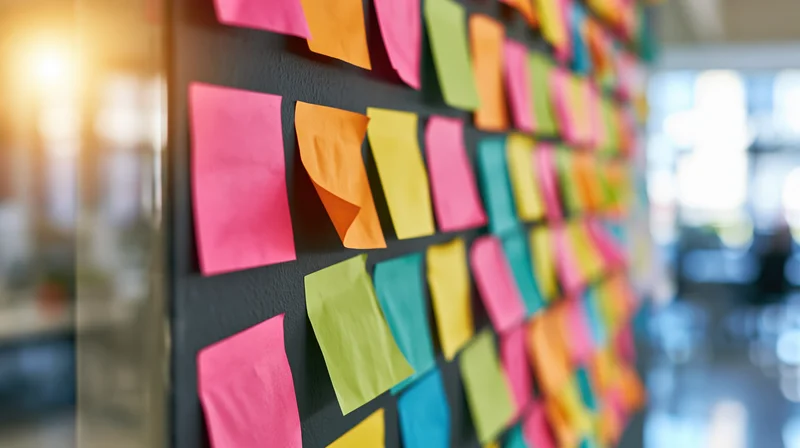 Colorful sticky notes covering a dark office wall for brainstorming and planning