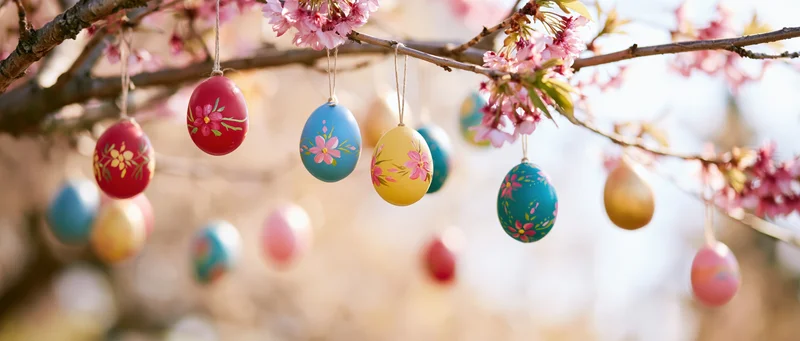 Painted easter eggs hanging from cherry blossom tree branches in spring garden